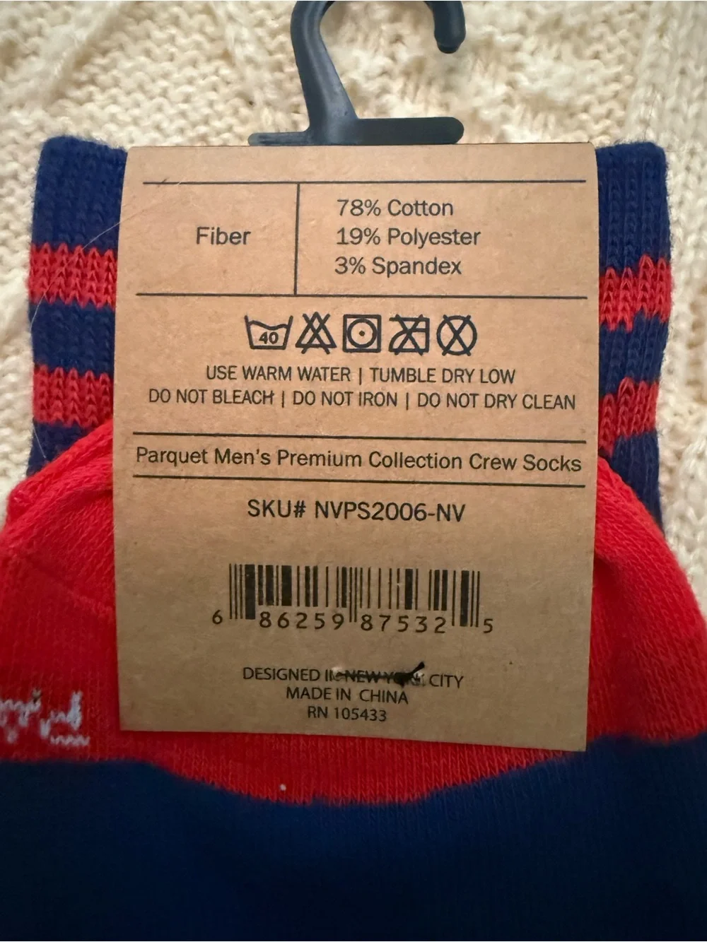 Parquet Men's Navy Crew Socks with Red Toe and Bowling Pin Motif